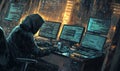 Hooded figure hacking multiple computers in a dark room filled with code screens Royalty Free Stock Photo