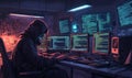 Hooded figure hacking multiple computers in a dark room filled with code screens Royalty Free Stock Photo