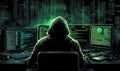 Hooded figure hacking multiple computers in a dark room filled with code screens Royalty Free Stock Photo