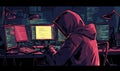 Hooded figure hacking multiple computers in a dark room filled with code screens Royalty Free Stock Photo
