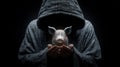 Hooded figure holding digital pig with binary code, mysterious dark background, Pig butchering scam and cyber security concept Royalty Free Stock Photo