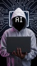 Hooded figure holding laptop, digital circuits, AI letters, tech centric mysterious theme emphasized