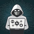 Hooded figure holds laptop displaying AI icons, dark background suggests cybersecurity Royalty Free Stock Photo