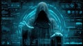 Hooded Figure Interacting with Futuristic Interface Digital World Technology Royalty Free Stock Photo