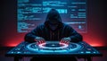 Hooded figure interacts with glowing digital interface hacker technology Royalty Free Stock Photo