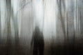 A hooded figure looking out into a spooky forest on a foggy winters day. With a grainy muted blurred abstract edit