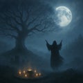 Hooded figure performs moonlit ritual under ancient tree surrounded by candles Ã¢â¬\' AI generated Royalty Free Stock Photo