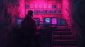 Hacker in Neon Lit Room Royalty Free Stock Photo