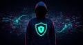 Hooded figure stands against a dark backdrop featuring complex digital graphics
