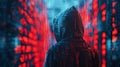 A hooded figure stands amidst a digital environment with matrix-style data streams cascading in the background.
