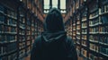 A hooded figure stands at the entrance of a grand library back to the camera. The rows upon rows of books hint at the