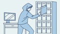 A hooded figure taking files from a cabinet in an office setting, vector design Generative AI Royalty Free Stock Photo