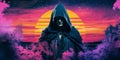 Hooded Figure at Twilight in Ethereal Landscape