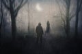 A hooded figure on a woodland path. Looking at a silhouette of a ghostly woman. On a foggy, spooky, winters night. With a grunge, Royalty Free Stock Photo