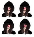 the face of a girl in a hood with eyes in shadow animation, talking