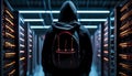 The hooded hacker from behind standing among working servers. Security technology