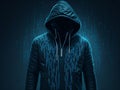 A hooded hacker with a binary code on a dark background. Royalty Free Stock Photo