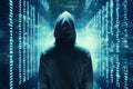 Hooded hacker with binary code on a dark blue background Royalty Free Stock Photo