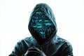 Hooded Hacker with Binary Face on White Background, cybercrime , anonymity Royalty Free Stock Photo