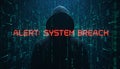 Hooded hacker breaching system showing alert message Royalty Free Stock Photo