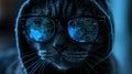 Hooded hacker cat works at computer in dark room, cyber data reflected in glasses. Concept of spy, technology, hack, vulnerability Royalty Free Stock Photo