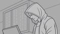 Hooded Hacker or Coder Working Intensely on a Laptop Computer, vector design Generative AI Royalty Free Stock Photo