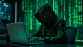 Hooded hacker, dark room, green matrix code, computer screen