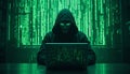 Hooded hacker, dark room, green matrix code, computer screen