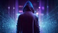 Hooded hacker in front of a binary code background. 3d rendering