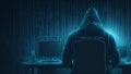 A hooded hacker in front of a computer screen with binary code. Royalty Free Stock Photo