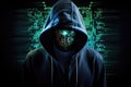 Hooded hacker with glowing binary code on dark background. Hacking concept, Hacker in hood and circuit board on Black background. Royalty Free Stock Photo