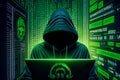 hooded hacker on green code background. Generative AI Royalty Free Stock Photo