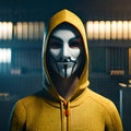 Hooded hacker looking straight ahead hiding his face with an anonymous mask (AI Generative)