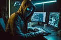 Hooded Hacker with mask using Laptop Break or Attack into Data server. Hacking, Coding or Malware concept. Generative Ai Royalty Free Stock Photo