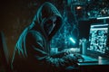 Hooded Hacker with mask using Laptop Break or Attack into Data server. Hacking, Coding or Malware concept. Generative Ai Royalty Free Stock Photo