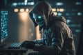 Hooded Hacker with mask using Laptop Break or Attack into Data server. Hacking, Coding or Malware concept. Generative Ai Royalty Free Stock Photo