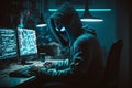 Hooded Hacker with mask using Laptop Break or Attack into Data server. Hacking, Coding or Malware concept. Generative Ai Royalty Free Stock Photo