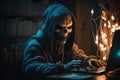 Hooded Hacker with mask using Laptop Break or Attack into Data server. Hacking, Coding or Malware concept. Generative Ai Royalty Free Stock Photo