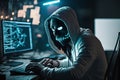 Hooded Hacker with mask using Laptop Break or Attack into Data server. Hacking, Coding or Malware concept. Generative Ai Royalty Free Stock Photo