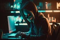 Hooded Hacker with mask using Laptop Break or Attack into Data server. Hacking, Coding or Malware concept. Generative Ai Royalty Free Stock Photo