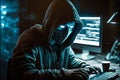 Hooded Hacker with mask using Laptop Break or Attack into Data server. Hacking, Coding or Malware concept. Generative Ai Royalty Free Stock Photo