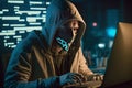 Hooded Hacker with mask using Laptop Break or Attack into Data server. Hacking, Coding or Malware concept. Generative Ai Royalty Free Stock Photo