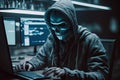 Hooded Hacker with mask using Laptop Break or Attack into Data server. Hacking, Coding or Malware concept. Generative Ai Royalty Free Stock Photo