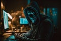 Hooded Hacker with mask using Laptop Break or Attack into Data server. Hacking, Coding or Malware concept. Generative Ai Royalty Free Stock Photo