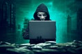 Hooded hacker with mask using laptop to hacking bank Royalty Free Stock Photo