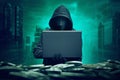 Hooded hacker with mask using laptop to hacking bank Royalty Free Stock Photo