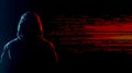 Hooded hacker performing cyber attack using flowing data stream Royalty Free Stock Photo