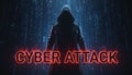 Hooded hacker standing in front of cyber attack text Royalty Free Stock Photo