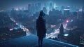 Hooded hacker standing on illuminated city background. Hacking concept generative ai