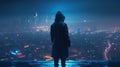 Hooded hacker standing on illuminated city background. Hacking concept generative ai